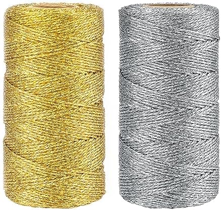 jijAcraft 656 Feet Gold and Silver String Twine - 1.5mm Metallic Ornament Thread Gift Wrapping - Inelastic Macrame Glitter Cord for Gift Wrapping, DIY Crafts, Bracelets