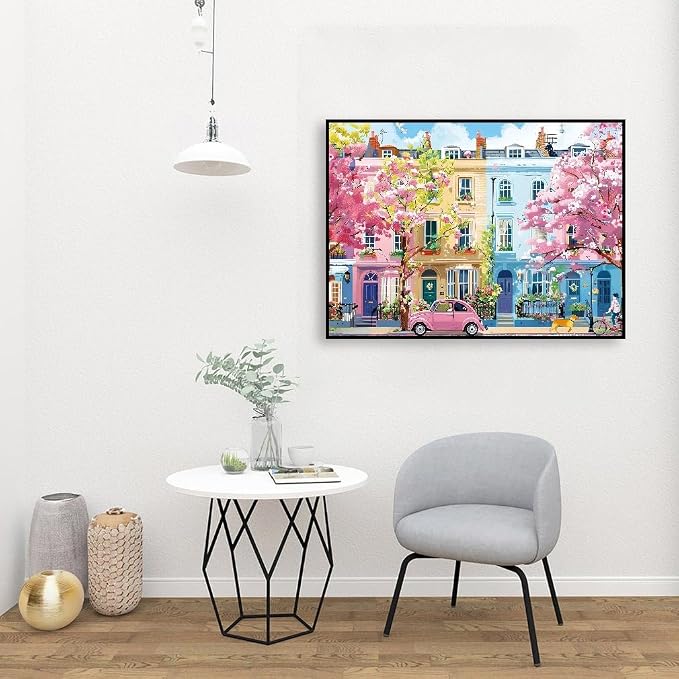 Clendo Paint by Numbers Kit for Adults Beginners, Spring Street Adult Paint by Numbers on Canvas, Acrylic Painting Crafts for Home Decor (16x20inch)