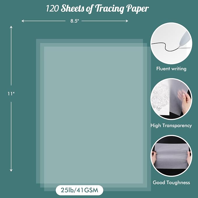 120 Sheets 8.5”x 11” Tracing Paper, Loose Translucent Trace Drawing Paper | 25 lb/41 gsm, for Drawing Pad Book Sketchbook Coloring Painting, Sketching, Overlaying, Vellum Paper Trace Tracing Paper