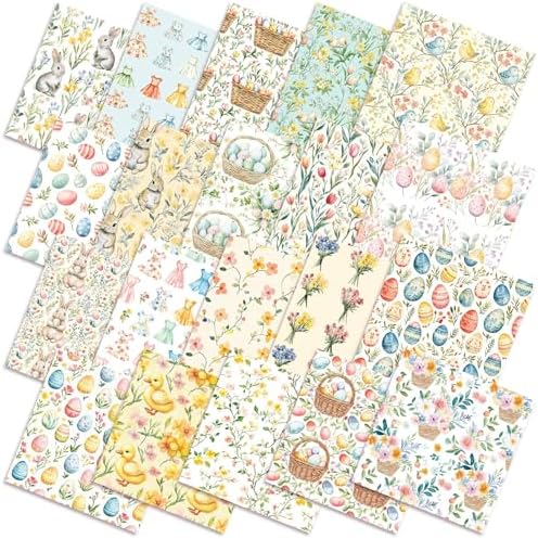 HunnmingRe 20 Pcs 10''x10'' Vintage Easter Quilting Fabric Square Bundle Pastel Bunny Tulips Precuts Quiltted Fabric Boho Flower Printed Patchwork Supplies for Patchwork DIY Sewing Craft