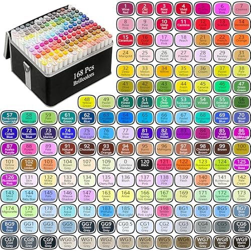 Brillcolors 168 Colors Alcohol Markers Set with Base Dual Tip Drawing Markers for Comics Coloring Sketching Illustration (168 White) -Refillable