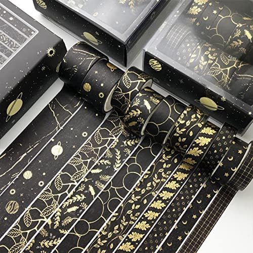 Creative Washi Tape Set 10 Rolls Gold Foil Print Decorative Masking Tapes for Arts, DIY Crafts, Journals, Planners, Scrapbook, Wrapping (Gold Dark)