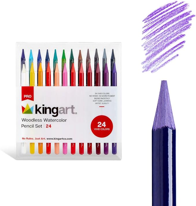 KINGART 315-24 Pro Artist Quality 24 Ct. Woodless Watercolor Pencil Set, 24 Soft Core, Pre-Sharpened Crayon Style Art Pencils, Use Wet or Dry, Professional to Beginner