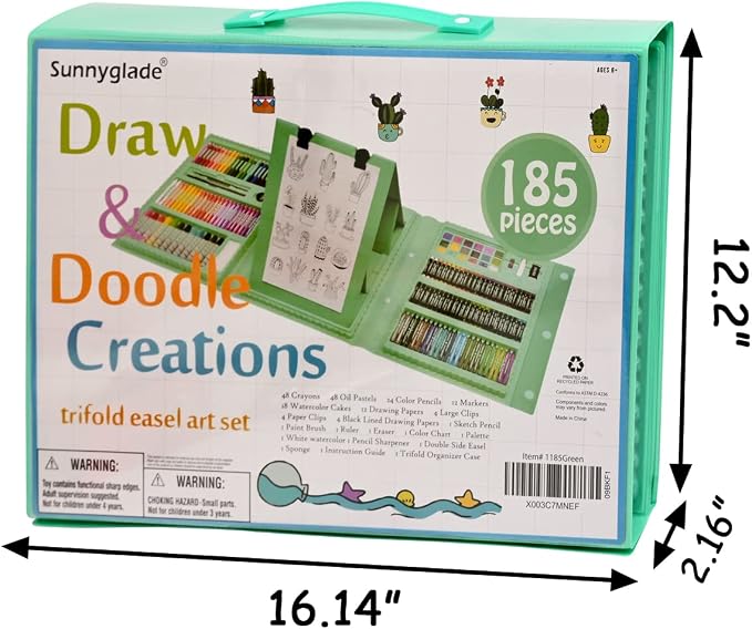Sunnyglade 185 Pieces Double Sided Trifold Easel Art Set Art Supplies Green | Art Kit Drawing Art Box with Oil Pastels, Crayons, Colored Pencils, Markers, Paint Brush, Watercolor Cakes, Sketch Pad