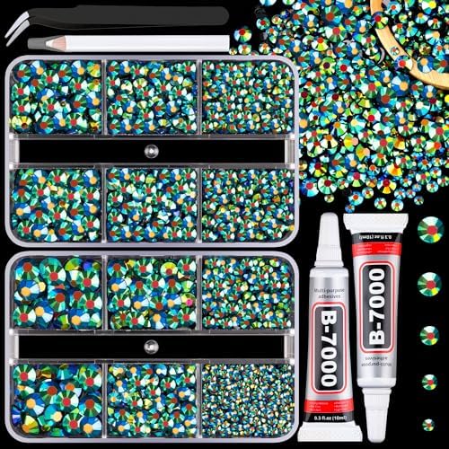 Resin Jelly Rhinestones for Crafting with B7000 Jewelry Glue, 2 Boxes Emerald Balck AB Flatback Crystals with 2Pcs 10ml Glue, Bedazzling Non Hotfix Gems for DIY Tumblers Clothing Shoes Manicure