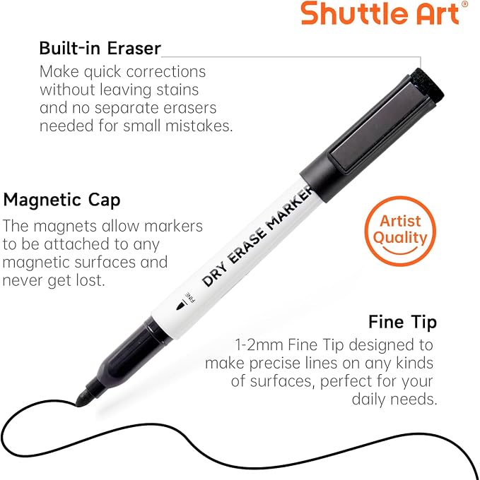 Shuttle Art Dry Erase Markers, 25 Pack Black Magnetic Whiteboard Markers with Erase, Fine Point Dry Erase Markers Perfect for Writing on Dry-Erase Whiteboards Mirrors Glasses for School Office Home