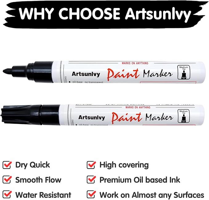 Artsunlvy Permanent Paint Pens Paint Markers - 2 Pack Black & White Oil Based Quick Dry Waterproof Markers For Tire, Rubber,Wood, Rocks, Metal, Canvas
