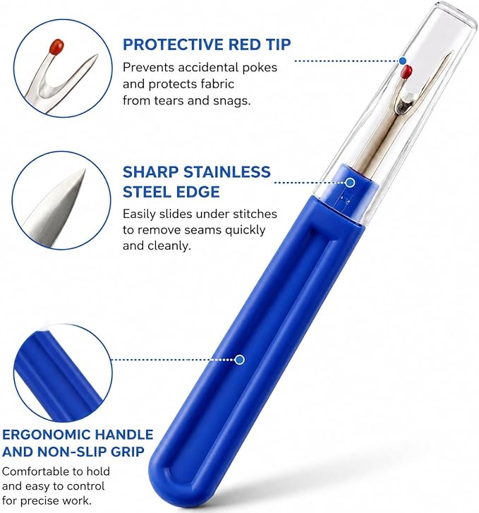 CampTek Seam Ripper & Thread Remover Kit - Professional Ergonomic Stitch Cutter Tools for Quilting, Leather, Denim, Cross Stitch | Sewing Supplies with Patch Remover, Durable Sewing Kit Tools (Blue)