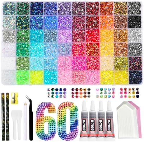 Bedazzling Kit 51000Pcs 60 Colors Resin Jelly Nail Art Rhinestones, 3mm Flatback Gems with B7000 Jewelry Glue & Tools, Rhinestones for Bedazzling DIY Crafts Clothes Shoes Makeup Phone Cases