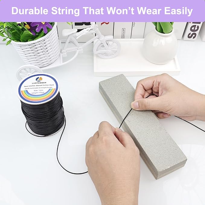 LUSTEMBER 1mm Faux Leather Waxed Cotton Cord, 175 Yards – Durable Necklace String, Soft and Textured Cord for Necklaces, Bracelets, and Jewelry Making