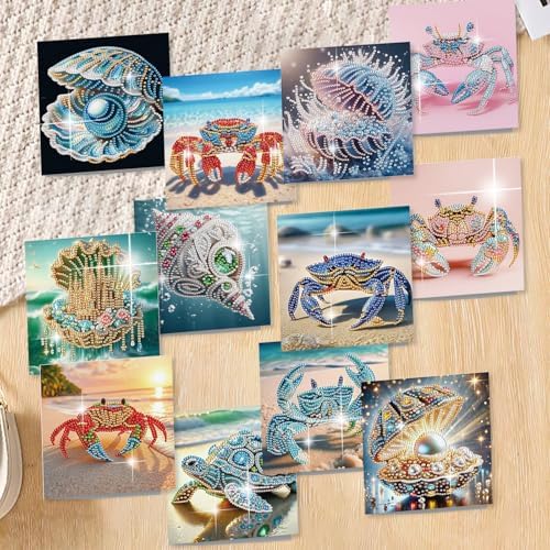 12pcs Diamond Art Painting Cards Beach Crab Seashell Turtle Kit