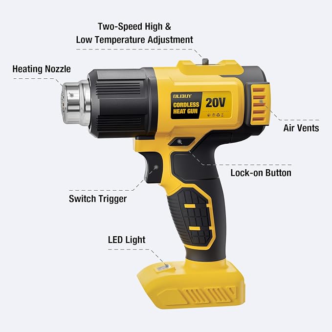 Cordless Heat Gun for DeWALT 20V MAX Battery, 7Pcs Nozzles&Scraper, LED Light, 350W Fast Heating Soldering Hot Air Gun, 2-Temp Setting Max 990℉(532℃), Heat gun for Shrink Tubing, Crafts (Tool Only)