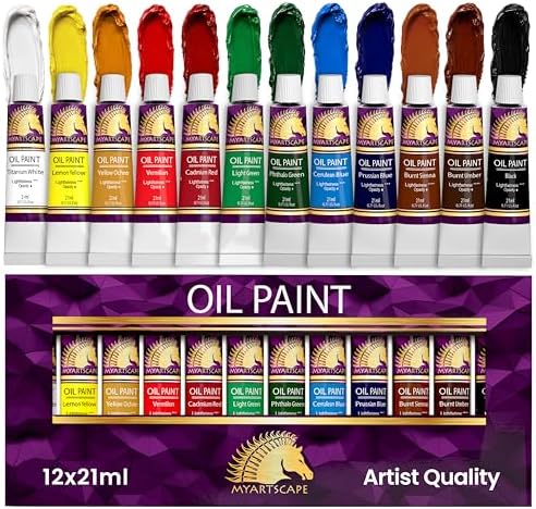 MyArtscape Oil Paint Set - 12 x 21ml Artist Oil Paint Tubes | Rich pigment oil paint set with smooth blending glossy finish and excellent coverage for canvas painting