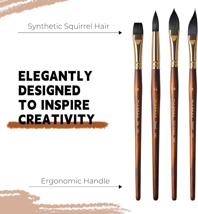 Watercolor Brushes Professional, Fuumuui 10Pcs Synthetic Squirrel Hair Water Color Paint Brush Set for Artists - Flat, Round Pointed, Dagger, Cats Tongue Oval Wash for Watercolor Gouache Inks Painting