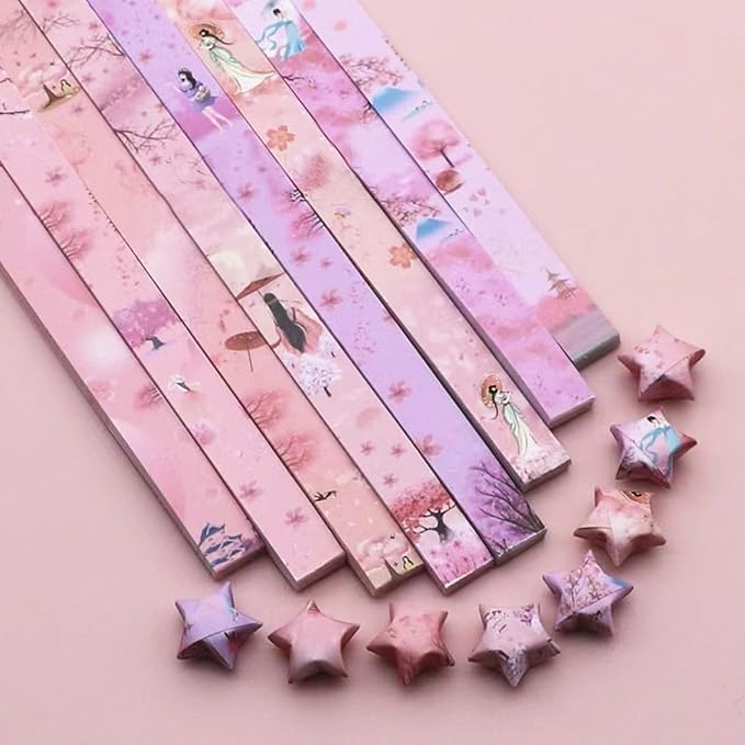 Folding star paper strips with pink patterns, handmade paper 540 sheets