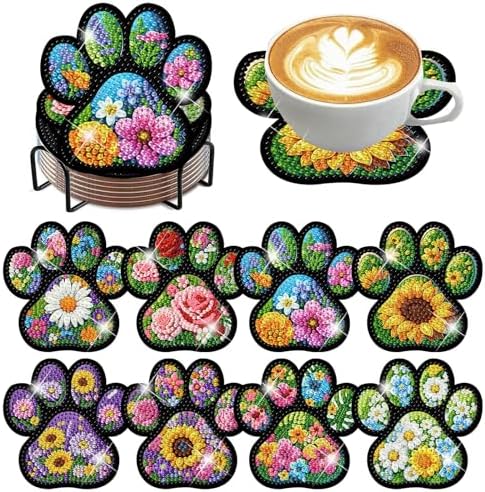 ijbnhd 8 Pcs Diamond Art Coasters Kits Dog Paw 4x4 inch (Cork Wooden Pad)