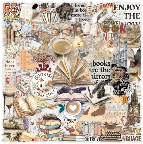 50 PCS Retro Reading Stickers for Scrapbooking Journaling Junk Journal Scrapbook Supplies - Waterproof Transparent PET Aesthetic Decals for Resin Crafts Decorative Art Crafts (Retro-1)
