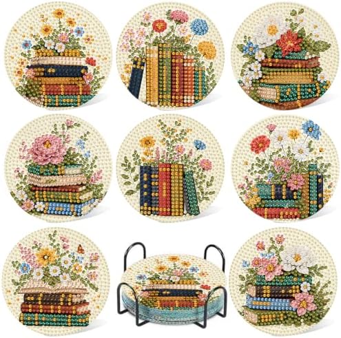 8 Pcs Book Diamond Art Coasters Kits, Book Diamond Painting Coasters