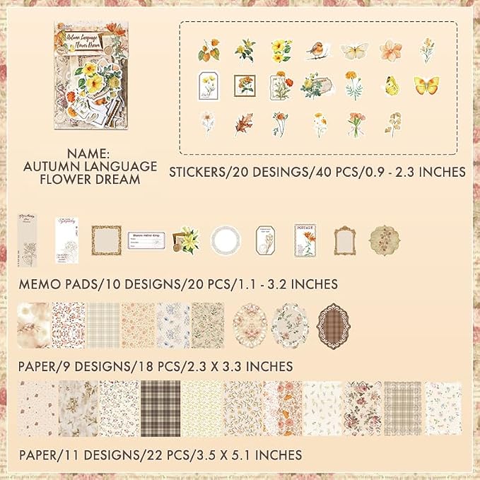 OKUPAN Scrapbook Supplies Kit – 100Pcs Vintage Floral Scrapbook Paper & Junk Journal Stickers, Journaling Supplies for Bullet Journaling, Retro Crafts, Mixed Media, Planner, Collage Card Album(Yellow)