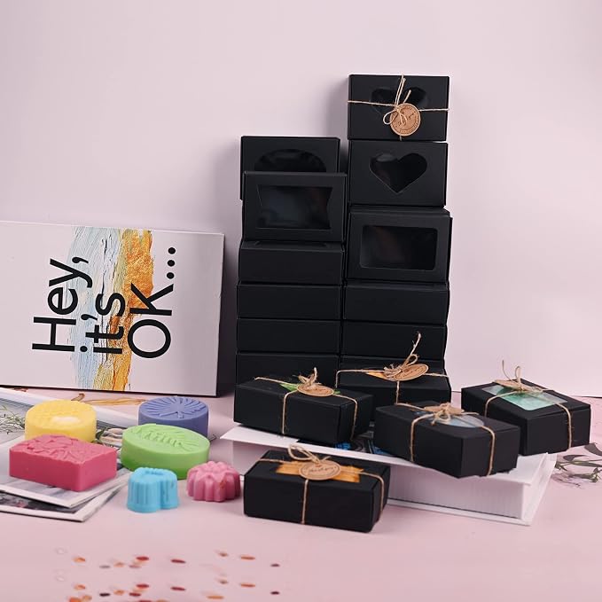 Soap Boxes for Homemade Soap, Soap Packaging Gift Box with Window | 3.54 X 2.36 X 1.18 Inch Soap Packaging Gift boxes Black with Window, Small Rectangular Soap Boxes (32PCS)