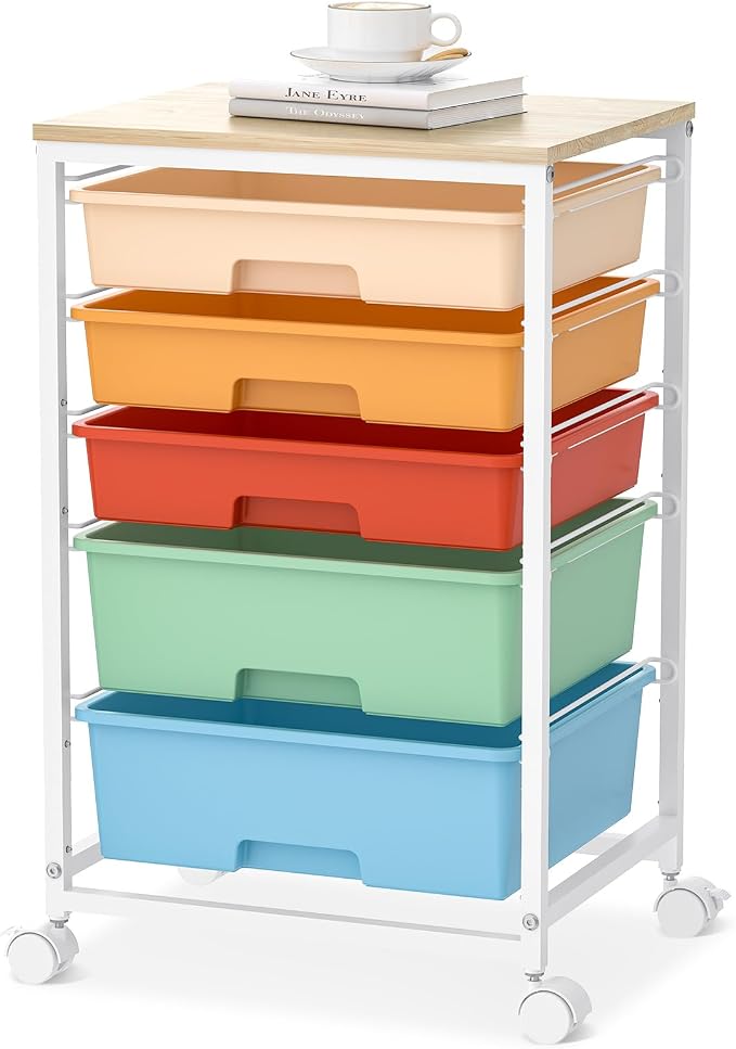 SYKIARIOL Utility Cart with Drawers,5 Drawers Storage Cart,Macaron | 5-Tiers Storage Cart with Drawers with Lockable Wheels for Craft Organizers and Storage,Home Office,Classroom,Dorm,Playroom