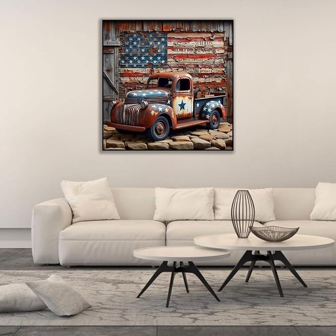 CHWGLFGG 5D Truck Diamond Art Kits for Adults Beginners 13.7x13.7inch | American Flag Diamond Painting Kit, DIY Full Round Drill Paint by Diamonds Dot Gem Art for Adult, Home Wall Decor