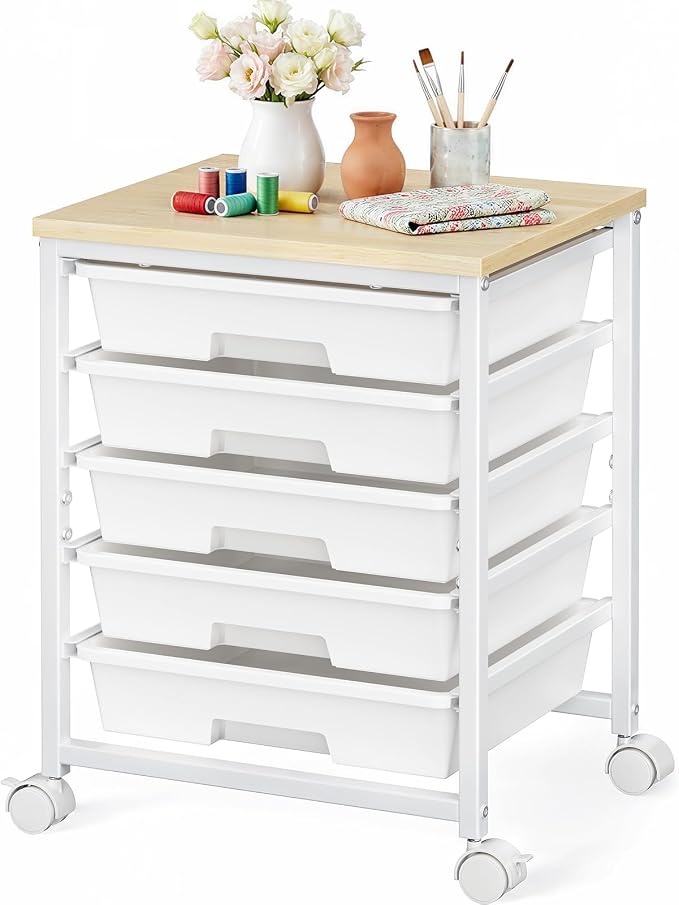 Pipishell Rolling Cart with 5 Drawers, Craft Storage Cart, Class White