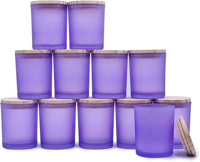 SHOWIN Thick Candle Jars for Making Candles 12 Pcs, 7 OZ Empty Jars with Wood Lids for Candle Making, Sample Container, Frosted Purple