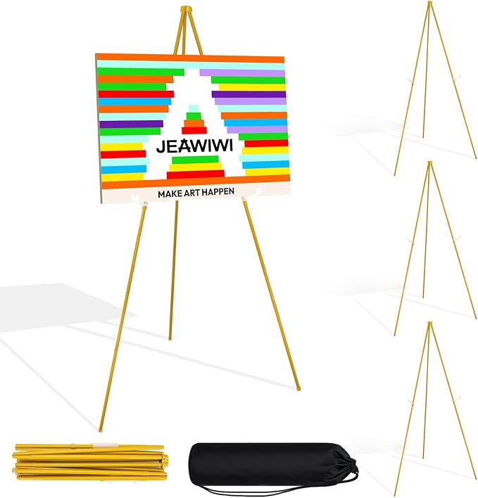 JEAWIWI 4 Pcs Lightweight Easel Stand, 66 Inch, Gold, with Portable Bags | Adjustable Folding Metal Easel Stand for Wedding Sign, Display Show, Art Show, Poster Display