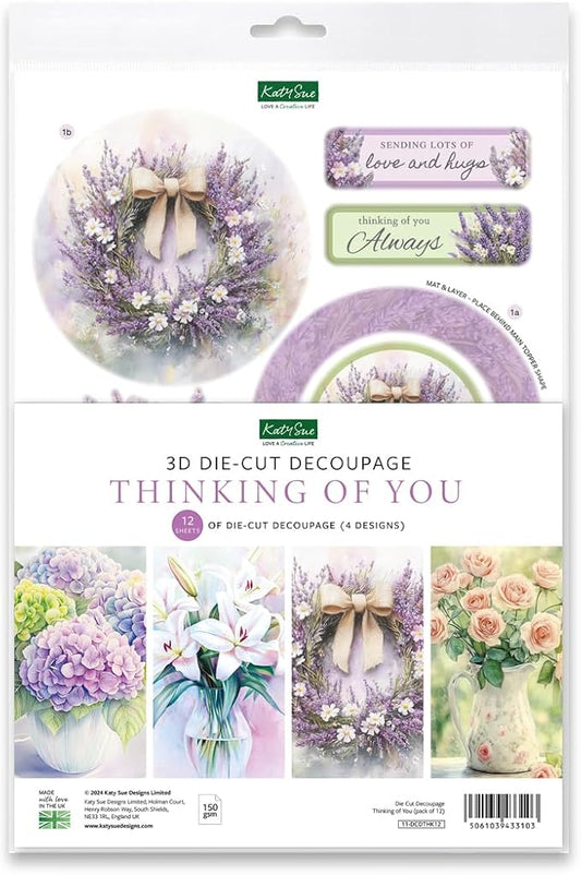 Katy Sue Designs Thinking of You 3D Die Cut Decoupage Collection for Card Making Supplies. Contains 12 Sheets of Katy Sue Die Cut Decoupage Featuring Lavender, Lillies, Hydrangea, and Roses