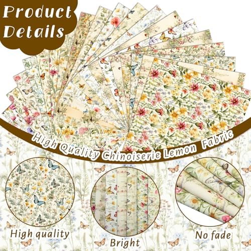 HunnmingRe 20 Pcs 10''x10'' Yellow Wildflower Quilting Fabric Square Romantic Wildflower Butterfly Quilted Fabric Bundle Spring Floral Precut Printed Patchwork Supplies for Summer DIY Sewing Craft