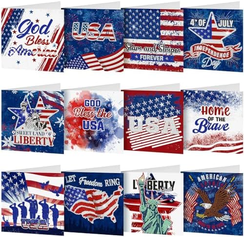 Saillong 12 Pack 4th of July Diamond Painting Greeting Card Kits Patriotic Diamond Art Cards with Envelopes Independence Day Red White Blue 5D Rhinestones Painting Making Kits for Adult DIY Craft Gift
