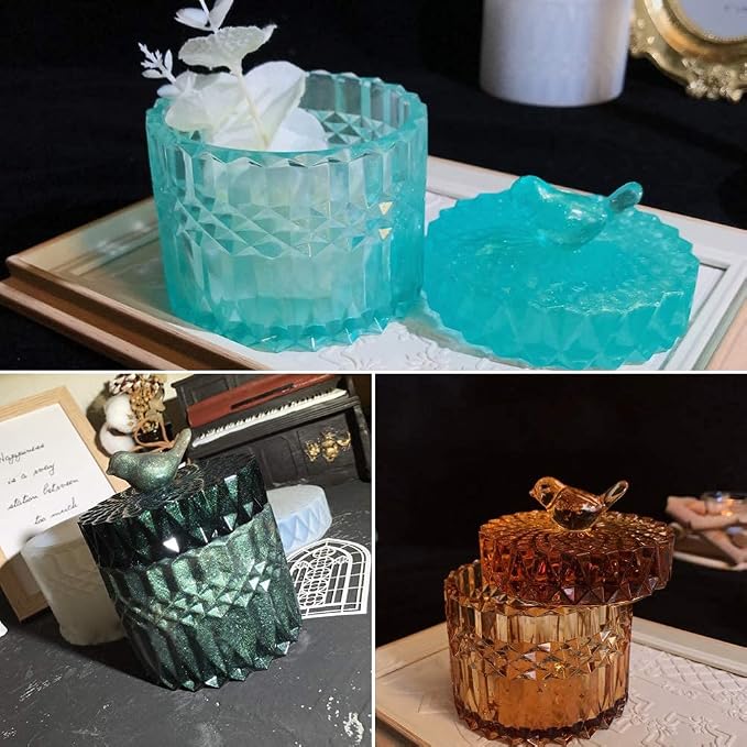 Silicone Crystal Box Resin Mold with Lid and Bird Handle Shape Mold for Epoxy Resin Jewelry Storage Bottle Jar Trinket Containers Candle Holder DIY Crafts Supplies Resin Kit Home Decor Gift