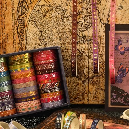 36 Rolls Skinny Washi Tape Set Gold Foil Detailing Arts Adhesive Tapes Basic Patterns Decorative Masking Tape Sets for Craft, Kids, Scrapbook, DIY, Gift Wrapping (Kawaii)