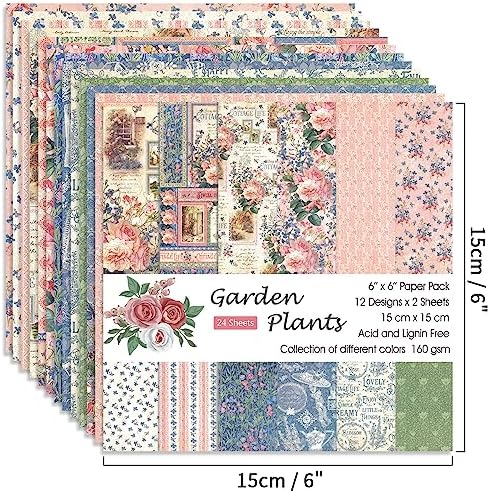 6x6" Cardstock Single Sided Scrapbooking,Craft Decorative Scrap Book Paper | 160gsm,24-Sheet 12Patterns Colored Paper,Junk Journal Supplies,Vivid Origami Papers DIY Craft Gift Wrapping Album.GardenPlant
