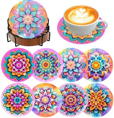 8 Pcs Diamond Art Coasters Kit for Adult with Holder, Diamond Coaster 4x4in