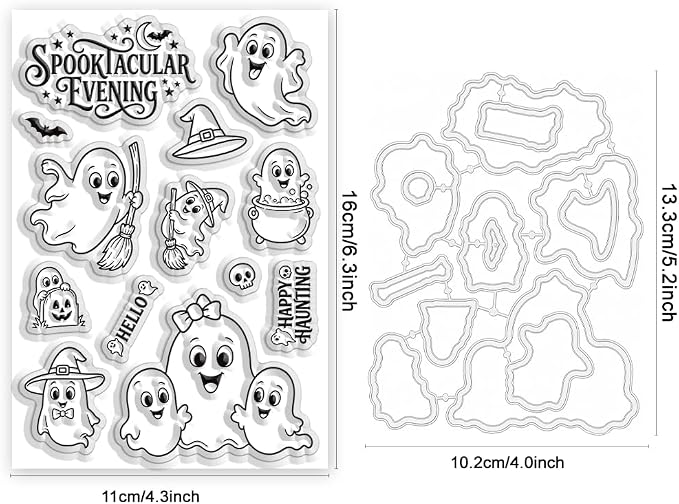 2Pcs Halloween Ghost Stamps and Dies Set for Card Making | Halloween Theme Clear Stamps and Metal Cutting Dies for Paper Crafting Painting Stencil for DIY Scrapbooking Greeting Card