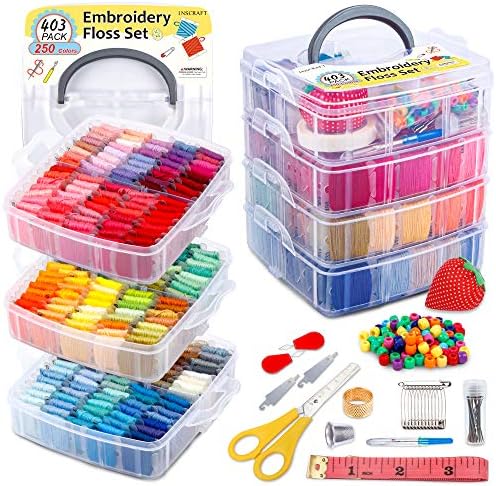INSCRAFT 403 Pack Embroidery Kits for Adults, 250 Colours Embroidery Threads, Cross Stitch Kits for Beginners Bracelet and Craft Making, 153 Pcs Cross Stitch Tool, 4-Tier Transparent Craft Storage Box