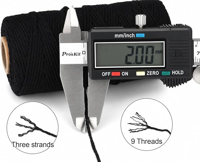 G2PLUS 656 Feet Black String,2MM Cotton Twine for DIY Arts & Crafts | 656 Ft Long Roll for lasting use,Soft Cotton Cord For Gift Wrapping, Crafts, Home Decor and Holidays