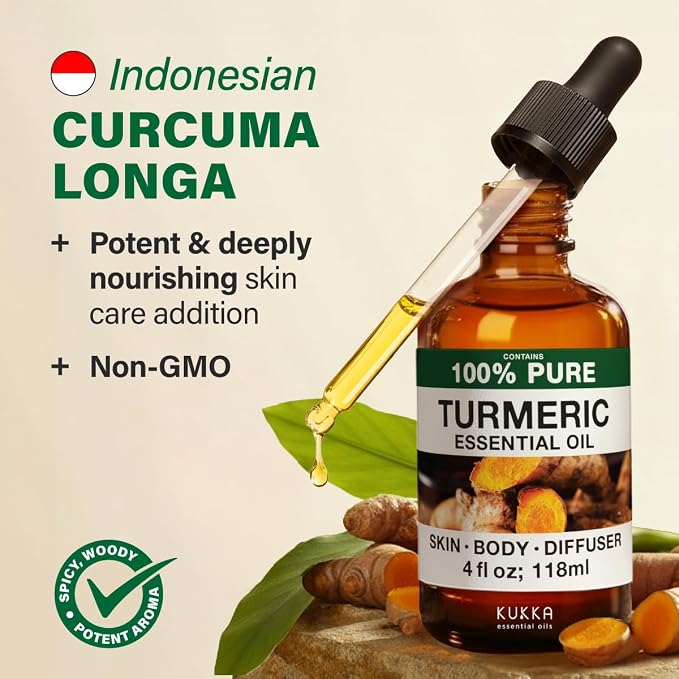 Kukka 100% Pure Turmeric Essential Oil for Skin, Diffuser, 4 Fl Oz | Undiluted Turmeric Oil for Skin Care, Hair Care, DIY Soap Making & Bath and Body Blends