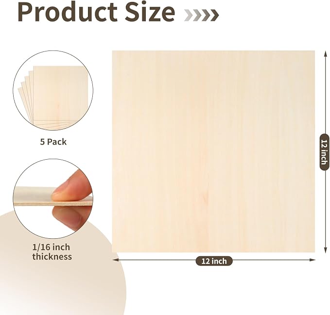 Balsa Wood, Plywood Sheet, Unfinished Basswood Blanks, 12×12×1/16 in, 5 Pcs | for Laser Cutting, Engraving, Burning, Crafts, Paint; Smooth and Polished, No Burrs, Wood Craft Supplies