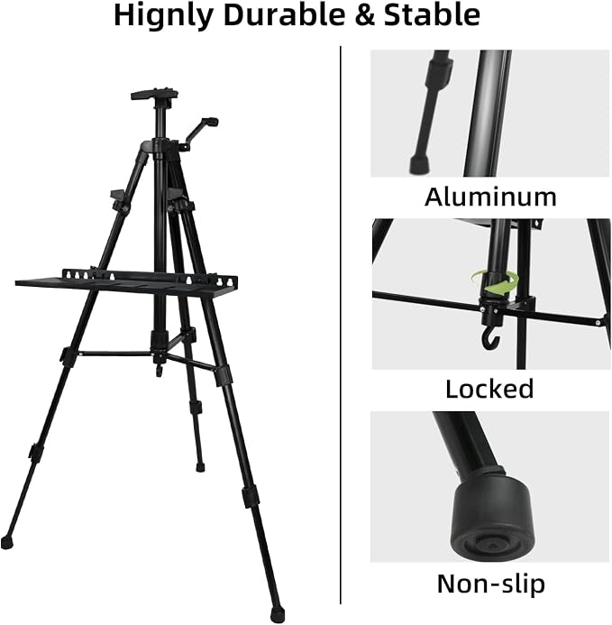 Artist Easel Stand Painting Stand Art Easel, 20" to 61" Art Easel for Painting Canvase & Displaying, Aluminum Adjustable Height Display Tripod with Portable Bag/Folding Keg/Apron.(Black)