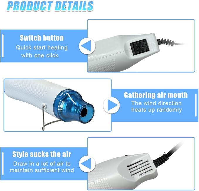 Mini Heat Gun - 220V 300W Portable Handheld Hot Air Gun Tool for DIY Craft Embossing - Electric Heating Tool with Stand & Power Cord for Car Vinyl Wrap/Shrink Wrapping PVC/Drying Paint(White)