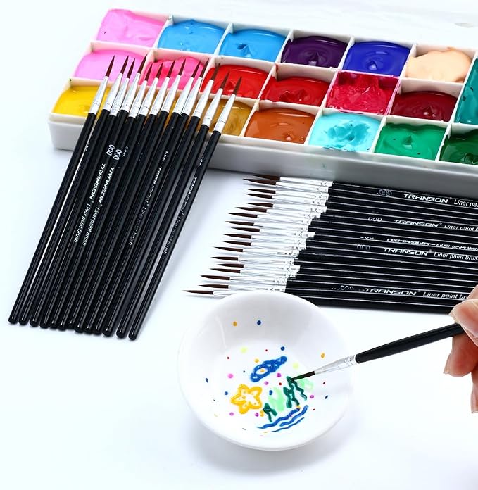 Transon 50pcs Detail Paint Brushes Set Size 000 for Model Painting Acrylic, Gouache, Oil, Tempera and Face Painting