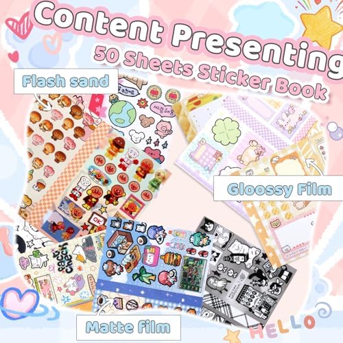 50 Sheets Japanese Sticker Book Manga 1200+ Scrapbook Stickers Kawaii Korean Decor Stickers Junk Journal Supplies for Journaling Scrapbooking Cute Decor Sticker for Kids Adult DIY Cosmtic Books-A
