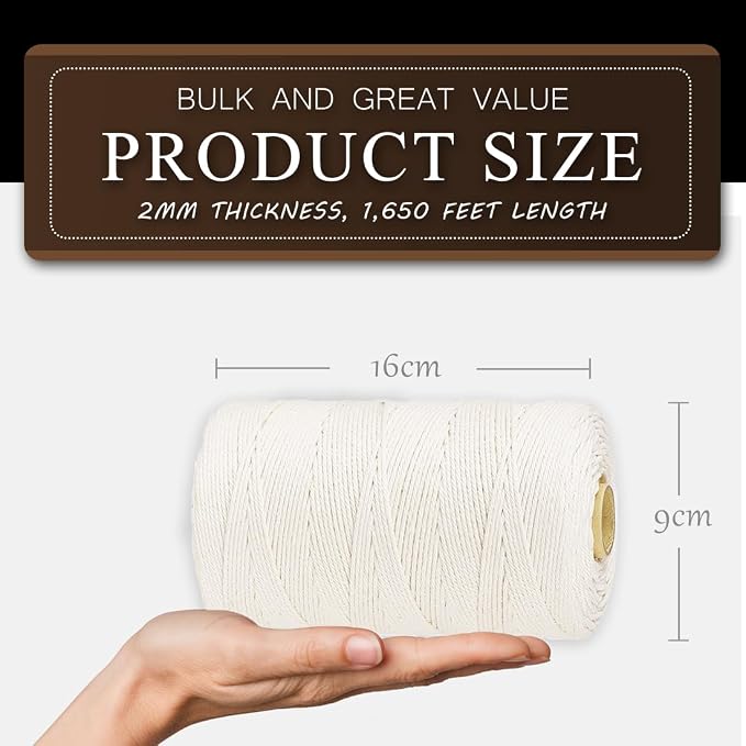 SMART&CASUAL 1,650 Feet 2mm Cotton Butcher Twine String Soft Food Safe for Cooking Craft Baker Kitchen Meat Turkey Sausage Roasting Gift Wrapping Gardening Crocheting Knitting