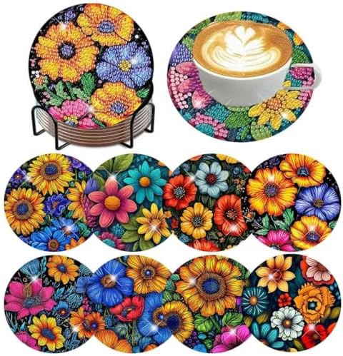 ijbnhd 8 Pcs Flowers Diamond Art Coasters with Holder