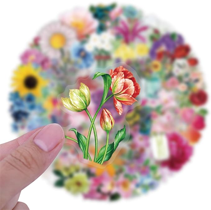 60 PCS Transparent Colorful PET Floral Stickers, for Water Bottle Laptop Cars Guitar Skateboard Bumper Vintage Waterproof Music Stickers for Teens Adults (Colourful-F10)