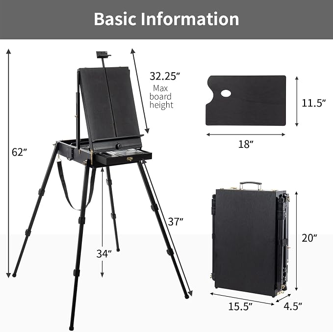 Falling in Art 4 Legs Portable Beechwood French Easel, Black | Plein Air Easel with Bigger Storage Drawer, Full Size Sketchbox Travel Easel for Painting, Drawing, Artwork