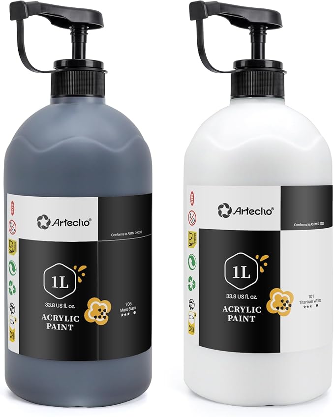 Artecho White and Black Acrylic Paint 1000ml / 33.8 fl oz Pump Dispenser